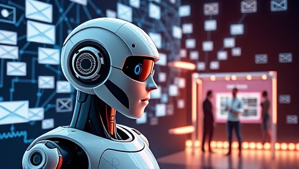 An intelligent robot assistant managing a complex network of email campaigns, analyzing data patterns, and generating personalized email content, a digital marketing team monitoring campaign performance and celebrating increased engagement and conversions, symbolizing efficiency and success.