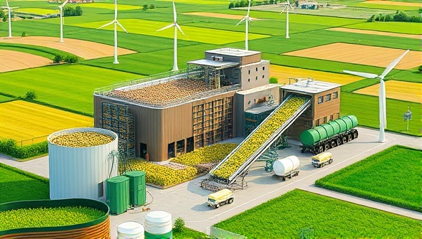 A modern agricultural waste recycling center with conveyor belts processing farm waste into organic fertilizers and biofuels, surrounded by green fields and wind turbines, illustrating sustainability and resource conservation in agriculture.