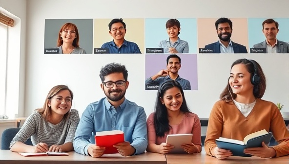 A diverse group of virtual language learners engaging in an interactive language lesson on the LingoLeap platform, each participant with a headset and notebook, practicing vocabulary and conversational skills in a stimulating online classroom setting that fosters language proficiency and cultural understanding.