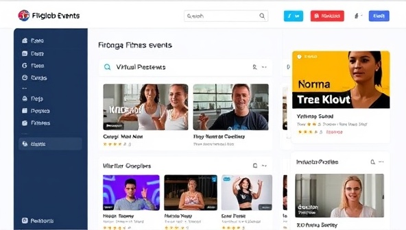 An online marketplace interface showcasing a variety of upcoming virtual fitness events, with dynamic event listings, instructor profiles, and user reviews, creating a vibrant and engaging platform for fitness enthusiasts to discover and participate in live virtual experiences through FitGlobe Events.