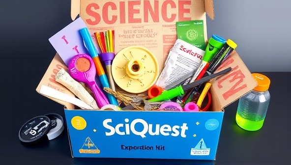 A colorful and vibrant science exploration kit box filled with various scientific tools, experiments, and interactive components, creating an exciting and educational visual representation of the engaging learning experiences offered by SciQuest for kids interested in STEM subjects.