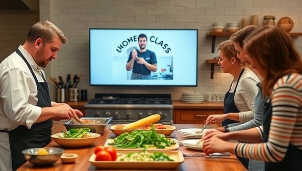 An interactive online cooking class session featuring a professional chef demonstrating a cooking technique, accompanied by participants following the instructions in their home kitchens, with a lively and educational atmosphere that captures the essence of the culinary experience.