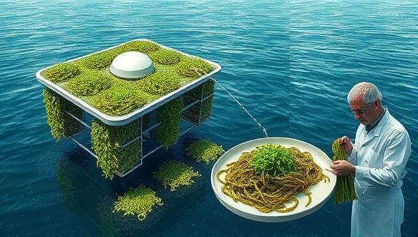 A futuristic offshore seaweed farm with vertical cultivation structures floating on the sea, workers harvesting seaweed, a chef creating gourmet seaweed dishes, and a scientist conducting research on seaweed biotechnology, illustrating the integration of sustainable seaweed farming in marine ecosystems and various industries.