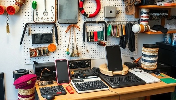 An artistic display of upcycled tech accessories and repaired devices, showcasing a mix of creativity and functionality in a modern tech repair studio, reflecting the essence of ReTech Revive.