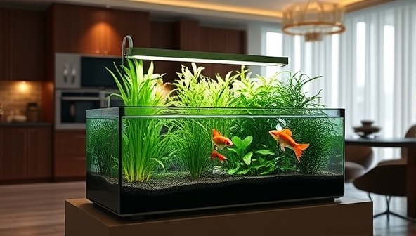 An elegant indoor setting with a modern aquaponics kit showcasing lush green plants growing alongside colorful fish in a self-sustaining ecosystem, adding a touch of nature and serenity to the living space.