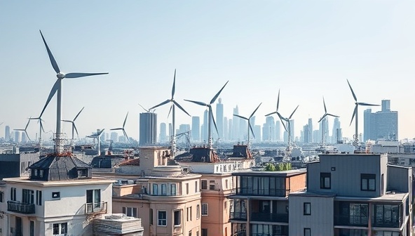 An urban skyline dotted with sleek wind turbines on rooftops and balconies, harmoniously blending with the cityscape and generating clean energy, symbolizing sustainability and progress in urban renewable practices.