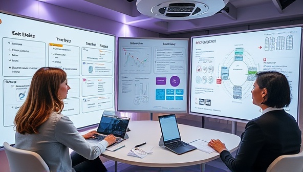 An immersive virtual event planning consultation scene featuring consultants collaborating on event timelines, tech setups, and creative designs on virtual whiteboards, with event planning tools, mood boards, and digital event blueprints displayed, capturing the innovative and strategic approach of EventElevate Consult's service offerings.