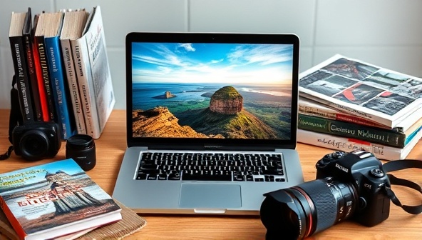 A laptop displaying a captivating travel photo of a scenic landscape, surrounded by photography books, a DSLR camera, and editing tools, creating an inspiring and creative setup for learning travel photography skills online.