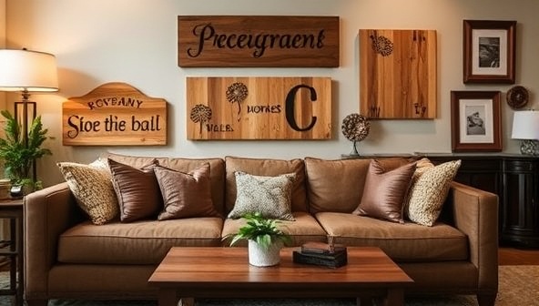A cozy living room setting with bespoke wooden home decor accents, including personalized wooden signs, engraved wall hangings, and custom photo frames, displayed against a backdrop of warm lighting and natural textures, creating a welcoming and personalized atmosphere that embodies the craftsmanship and elegance of TimberCraft Interiors.