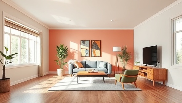 An empty room digitally transformed into a beautifully staged living space, with modern furniture, vibrant colors, and natural lighting, showcasing the potential of virtual staging for real estate marketing.