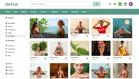An online marketplace interface featuring a variety of wellness services and offerings, including yoga classes, meditation sessions, therapy options, and holistic treatments, with vibrant graphics, calming visuals, and a sense of community and connection that defines the ZenHub Connect experience.