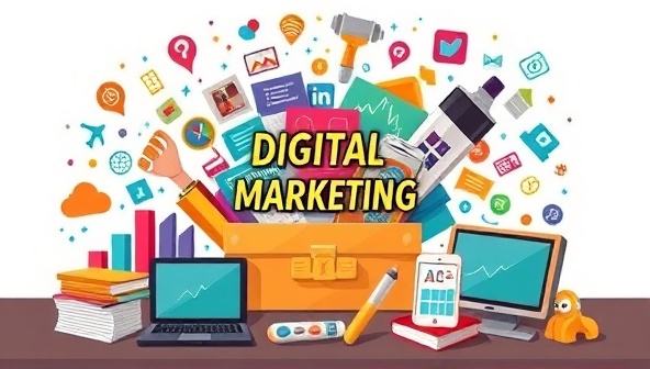 An artistic rendering of a digital marketing toolkit bursting with colorful graphics, tools, and guides, surrounded by digital devices and business icons, symbolizing empowerment and creativity in digital marketing endeavors.