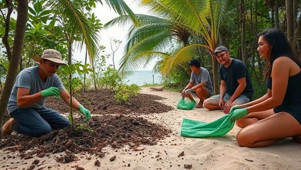 An immersive eco-adventure scene featuring subscribers planting trees, observing wildlife in their natural habitat, and participating in beach clean-up activities, showcasing the hands-on and impactful experiences offered by EcoExplorer Expeditions in support of environmental conservation.