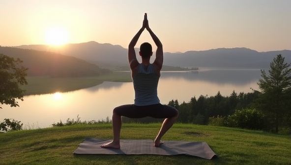 A tranquil yoga session at sunrise overlooking a serene lake, surrounded by lush greenery and peaceful nature, capturing the essence of relaxation and mindfulness at a ZenEscape Retreat.