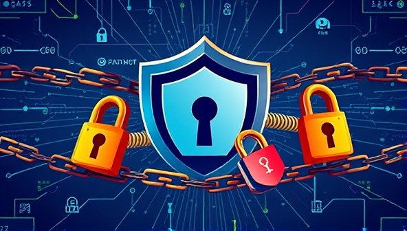 A visual representation of a web design agency fortified with blockchain chains, secure locks, and digital encryption symbols, symbolizing the impenetrable and trustworthy nature of BlockSafe Designs in ensuring secure web solutions through blockchain integration.