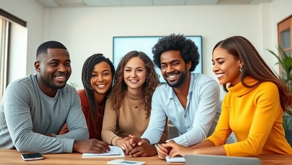 An inclusive and diverse team collaborating in a virtual workspace, representing different backgrounds and identities, with a focus on teamwork, respect, and equality, symbolizing the ethos of InclusiveHire Solutions' diversity and inclusion recruitment consultancy.