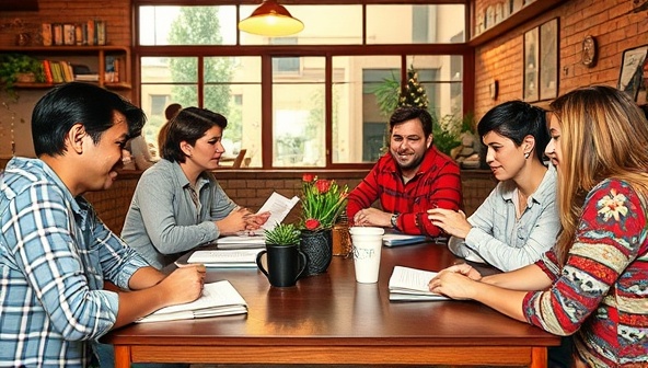 A vibrant and inclusive image of a diverse group of writers gathered around a table at a local cafe, sharing their works-in-progress and engaging in lively discussions, reflecting the community spirit and camaraderie of the writing meetup network.