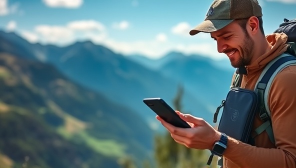 A scenic outdoor setting with a backpacker using a portable solar charger to power up a smartphone against the backdrop of a breathtaking natural landscape, highlighting the convenience and sustainability of SunCharge On-the-Go for outdoor enthusiasts and travelers on the move.