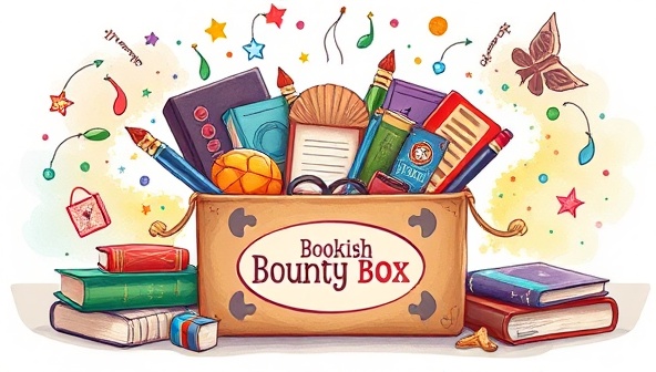 An artistic illustration of a colorful subscription box bursting with literary treasures like books, writing tools, bookmarks, and themed goodies, surrounded by a magical aura of creativity and inspiration, inviting viewers to dive into the Bookish Bounty Box experience.