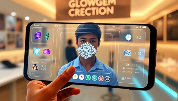 An engaging AR simulation showing a customer virtually designing a custom jewelry piece at GlowGem Creations, with interactive options for selecting gemstones, metals, and design elements, offering a glimpse of the personalized and high-tech jewelry creation process.