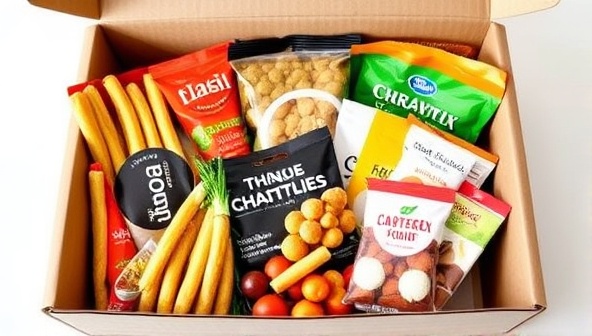 An assortment of colorful and appetizing snack options neatly arranged in a sleek, eco-friendly box with a personalized note, conveying a sense of excitement and health-conscious choices.