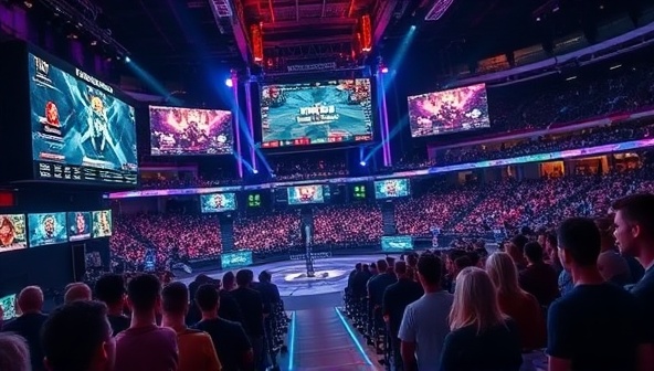 An electrifying eSports arena setting with digital screens displaying intense gaming battles, betting odds, and player profiles, surrounded by a cheering crowd of virtual avatars and glowing neon lights, capturing the excitement of eSports betting.
