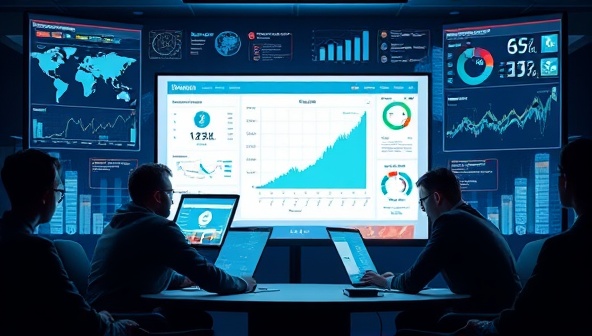 An online meeting scene with a virtual consultancy team discussing mining strategies on a shared screen, surrounded by digital charts and graphs, representing remote collaboration and expertise in the mining industry.