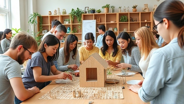 An educational setting with diverse participants engaged in a hands-on sustainable architecture workshop, experimenting with eco-friendly materials and discussing sustainable design concepts, fostering a collaborative and innovative learning environment.