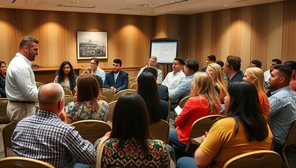 A workshop setting with a real estate expert engaging with a diverse group of attendees, discussing investment strategies, property analysis, and wealth-building through real estate, creating a dynamic and interactive learning environment.