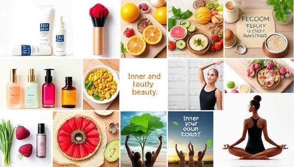 An inspirational wellness collage featuring images of beauty products, healthy foods, yoga poses, and positive affirmations, creating a holistic and balanced representation of beauty wellness coaching offered by WellBeauty Coaches, appealing to individuals seeking inner and outer beauty transformation.