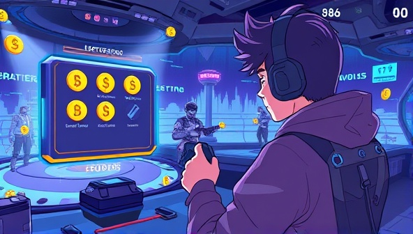 An illustrative scene of a gamer earning cryptocurrency rewards in a blockchain-based game, showcasing a digital wallet with token transactions, in-game assets tied to blockchain tokens, and a futuristic gaming environment reflecting the seamless integration of blockchain technology in gaming experiences, embodying the essence of BlockQuest Rewards.