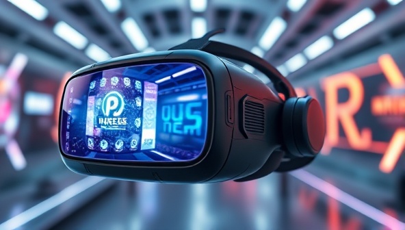 A virtual reality headset displaying a futuristic and immersive VR environment with branded elements and interactive features, illustrating the engaging and innovative marketing experiences offered by ImmerseXperience.