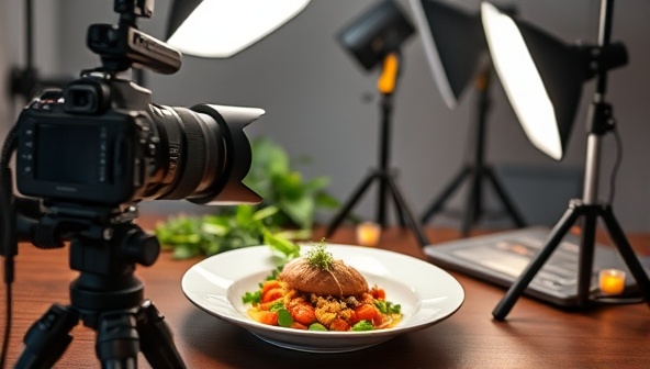 A professional photography setup with a camera, lighting equipment, food styling props, and a beautifully plated dish ready for capture, illustrating the artistry and technical aspects of food photography.