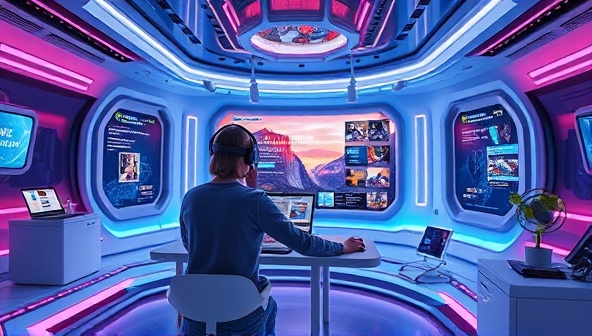 An immersive VR environment showcasing a user exploring a website design in a virtual space, surrounded by futuristic elements and interactive features, illustrating the transformative power of VR in web design.