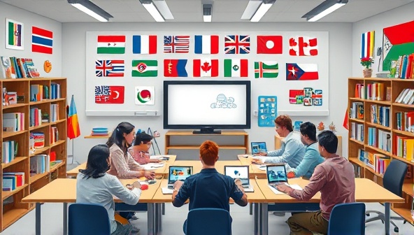 An artistic representation of a virtual language classroom with diverse students engaging in an interactive online lesson, surrounded by virtual language books, flags, and cultural symbols, illustrating a dynamic and immersive language learning experience.