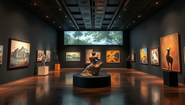 An immersive virtual art gallery setting with digital art displays, interactive features, and virtual tour guides showcasing contemporary artworks, sculptures, and installations, creating a visually stunning and culturally enriching experience for art lovers and collectors.