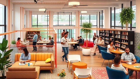 An artistic rendering of a modern and vibrant co-living space common area, featuring cozy lounge areas, shared kitchen facilities, collaborative workspaces, and diverse residents interacting and socializing, embodying a dynamic and inclusive urban living experience at Commune Quarters.