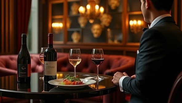 An elegant virtual lounge setting with a sommelier presenting a curated selection of wines and gourmet dishes, accompanied by tasting notes and pairing suggestions, evoking a luxurious and educational food and wine experience.