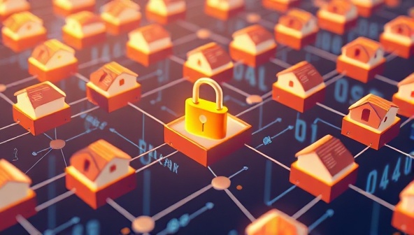 An illustration of a digital blockchain network with interconnected blocks representing property titles and ownership records, secured by cryptographic keys, highlighting the secure and transparent nature of BlockTitle Verify's blockchain title verification service.