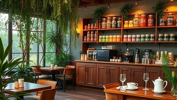 A serene cafe setting with cozy seating areas, a rustic tea bar displaying an array of colorful tea canisters, teapots, and delicate cups, surrounded by lush greenery and soft ambient lighting, creating a tranquil oasis for tea lovers to relax and savor their brews.