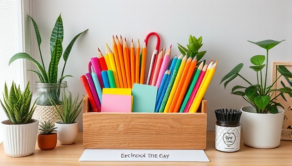 An assortment of colorful and eco-friendly school supplies neatly arranged in a wooden desk organizer, surrounded by potted plants and sustainable decor, creating a visually appealing and environmentally conscious workspace.