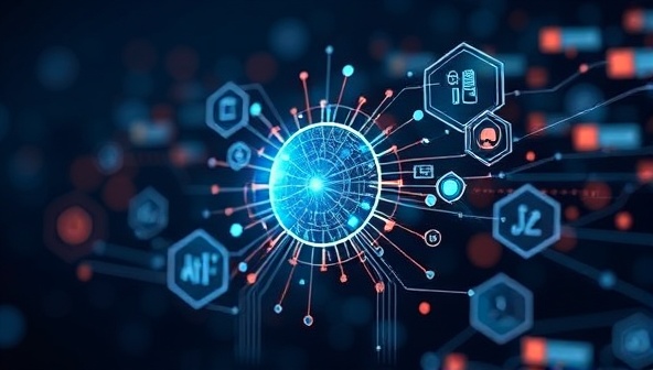 An abstract representation of digital testing tools and AI algorithms working together to analyze website elements and provide designers with real-time feedback, symbolizing the efficiency and precision of TestFlow AI in enhancing web design quality.