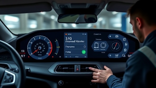 An innovative smart car dashboard displaying maintenance alerts and diagnostics, with a technician providing on-demand assistance, highlighting the cutting-edge technology and personalized service of AutoCare Plus.