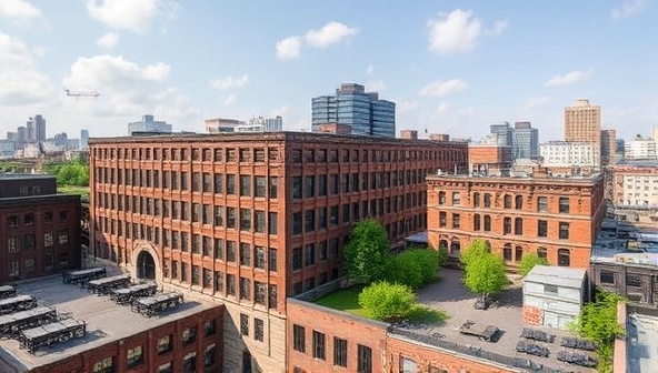 An old industrial warehouse transformed into a vibrant mixed-use space with loft apartments, creative studios, and green rooftop gardens, illustrating the adaptive reuse potential of existing buildings and the integration of modern amenities with historical charm.