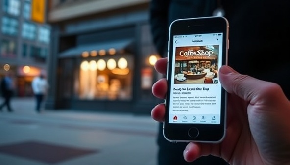 A smartphone displaying a customized ad for a nearby coffee shop, triggered by geofencing technology as the user walks past the storefront, illustrating the seamless and personalized nature of geofencing advertising solutions that enhance the consumer experience and drive foot traffic to local businesses.