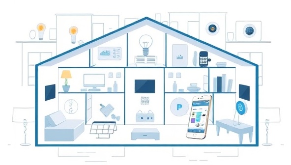 An illustration of a smart home layout with interconnected devices like smart bulbs, thermostats, and security cameras, all controlled through a central hub or smartphone app, showcasing the convenience and futuristic appeal of the automation kits.