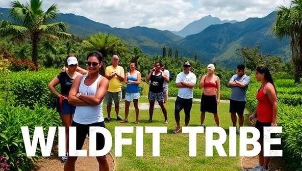 A group of diverse individuals participating in a challenging outdoor fitness workout amidst lush greenery, with scenic mountains in the background, showcasing a sense of adventure, teamwork, and natural beauty that defines the WildFit Tribe experience.