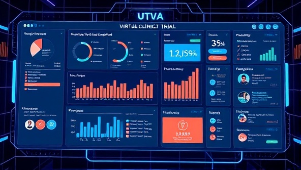 A futuristic digital interface displaying a virtual clinical trial dashboard with real-time participant data, interactive study modules, and secure communication channels between researchers and participants, illustrating the efficiency and innovation of remote trial management.