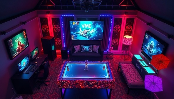 An interactive visual of a virtual gaming party setup, featuring multiple screens displaying different games, a central party hub for guests to socialize, and themed decorations and activities to create a festive and engaging atmosphere for participants, highlighting the fun and immersive nature of virtual gaming parties hosted by GameBash Events.