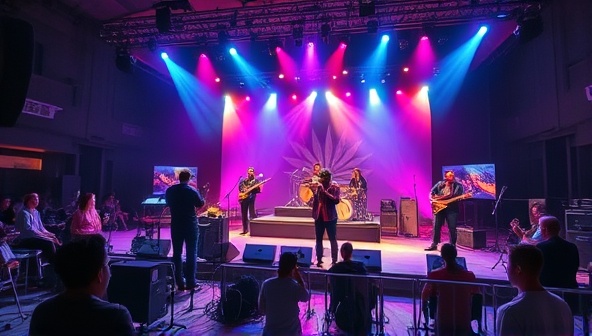 A dynamic virtual music concert scene with musicians performing live on stage, audiences interacting virtually, and colorful stage lights illuminating the atmosphere, surrounded by musical instruments, sound equipment, and music notes, capturing the essence of global music exploration and cultural fusion.